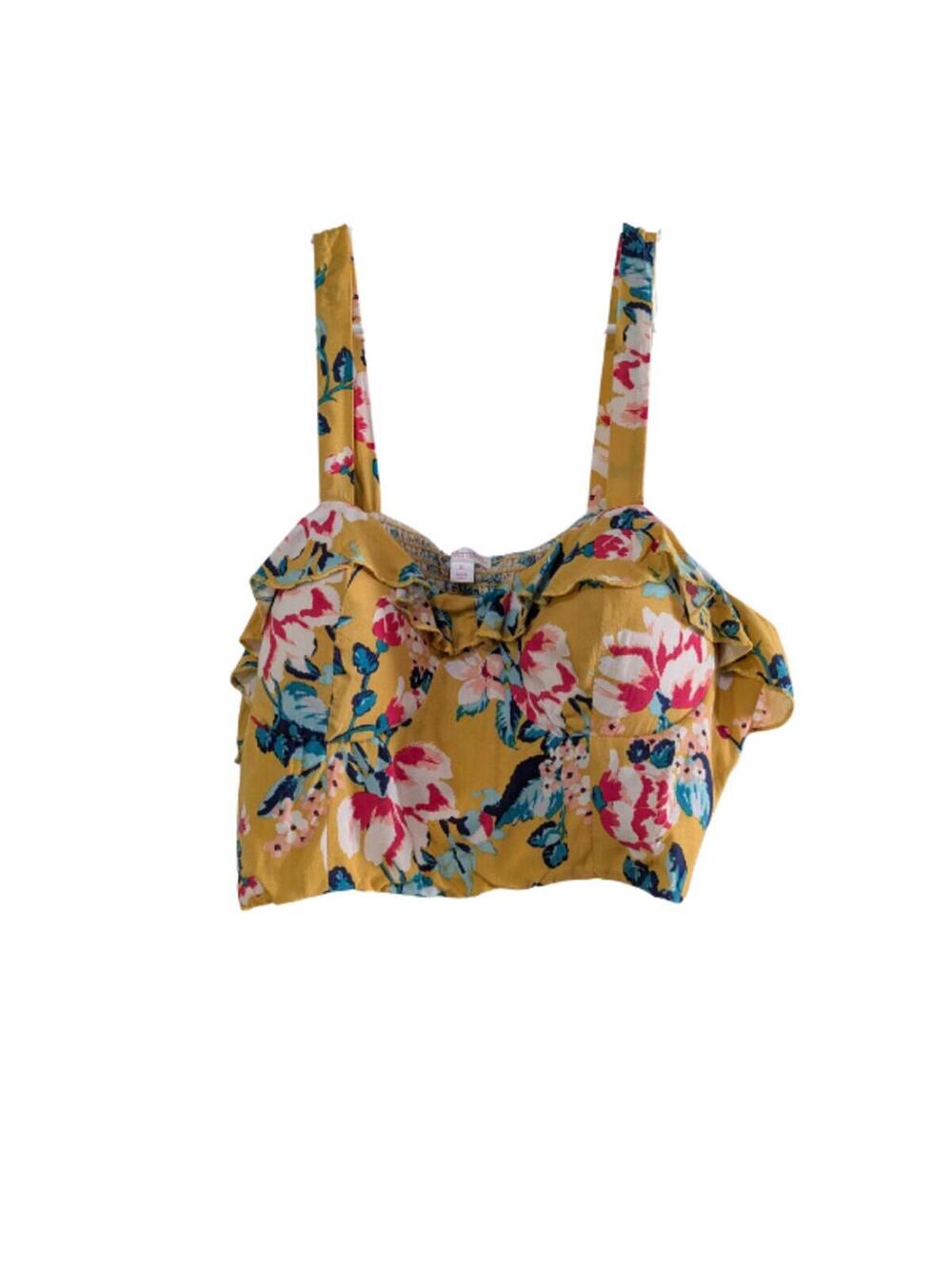 Xhilaration Women's Floral Crop Top, Yellow, XL, Sweetheart Neck, Smocked Back
